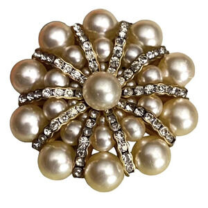 Vintage Faux Pearl Gold Tone Round Brooch